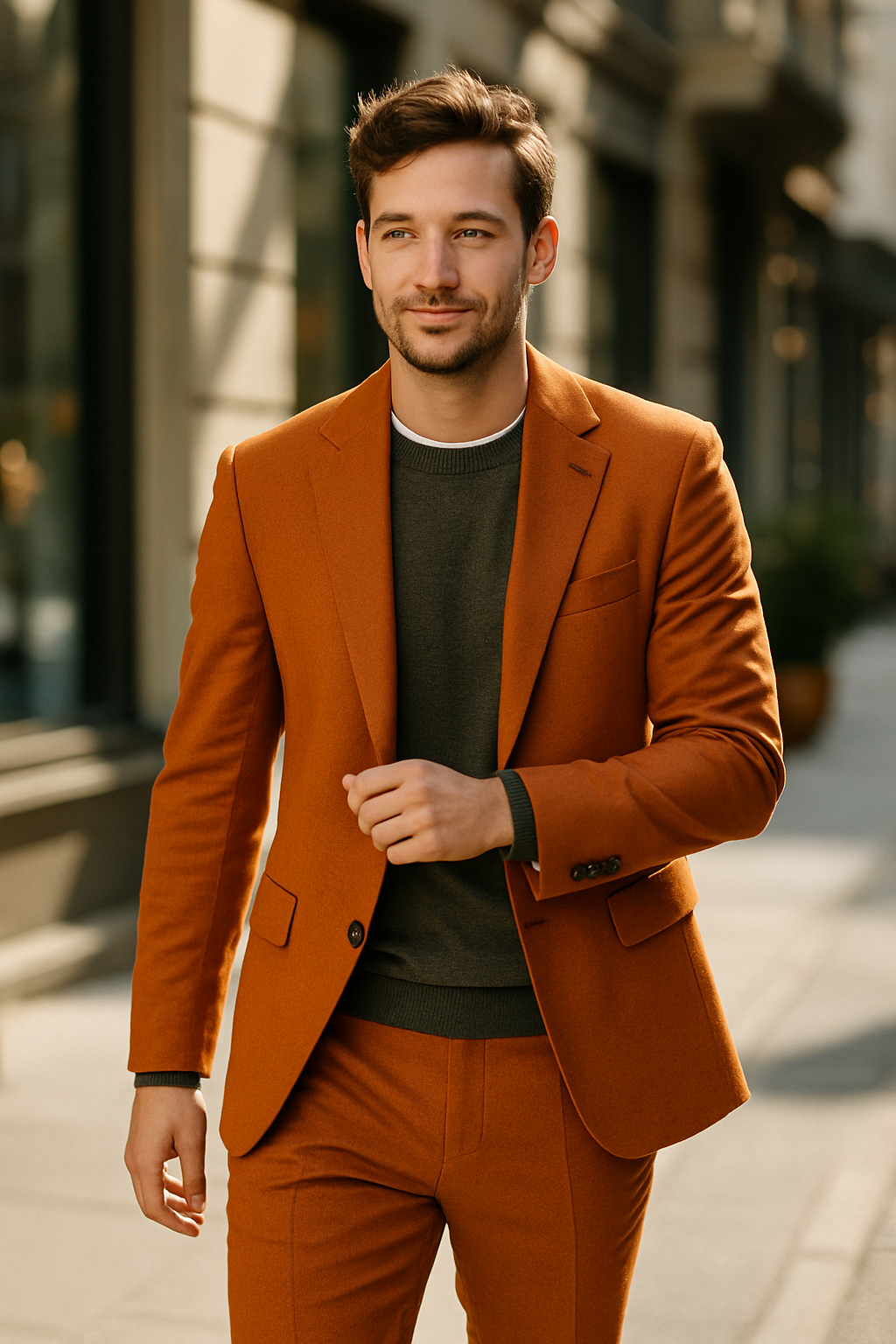 A man wearing a tailored orange suit with a gray sweater, walking confidently on a city street.
