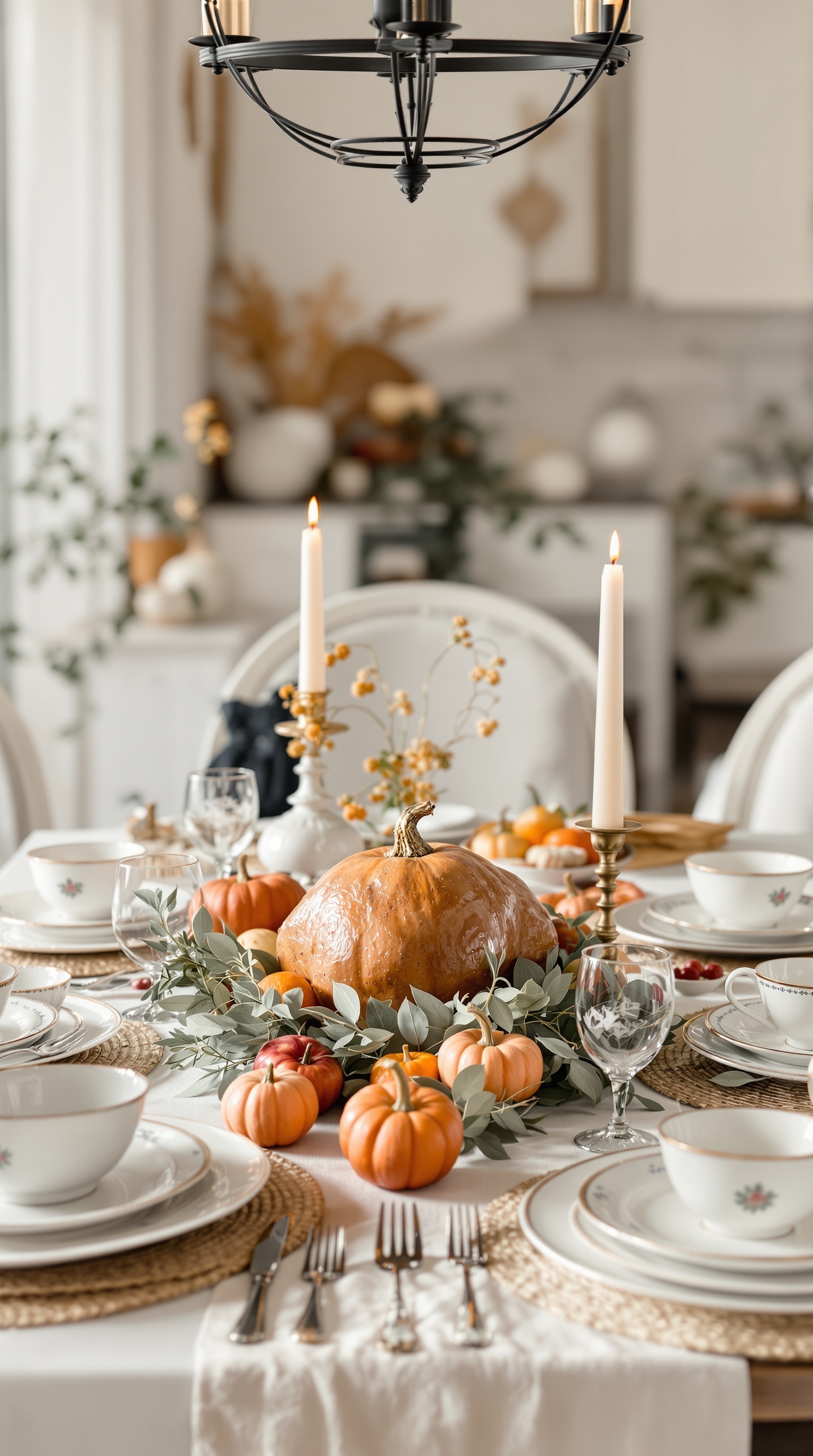 A beautifully arranged Thanksgiving table with a large pumpkin centerpiece, smaller pumpkins, greenery, elegant dishware, and flickering candles.