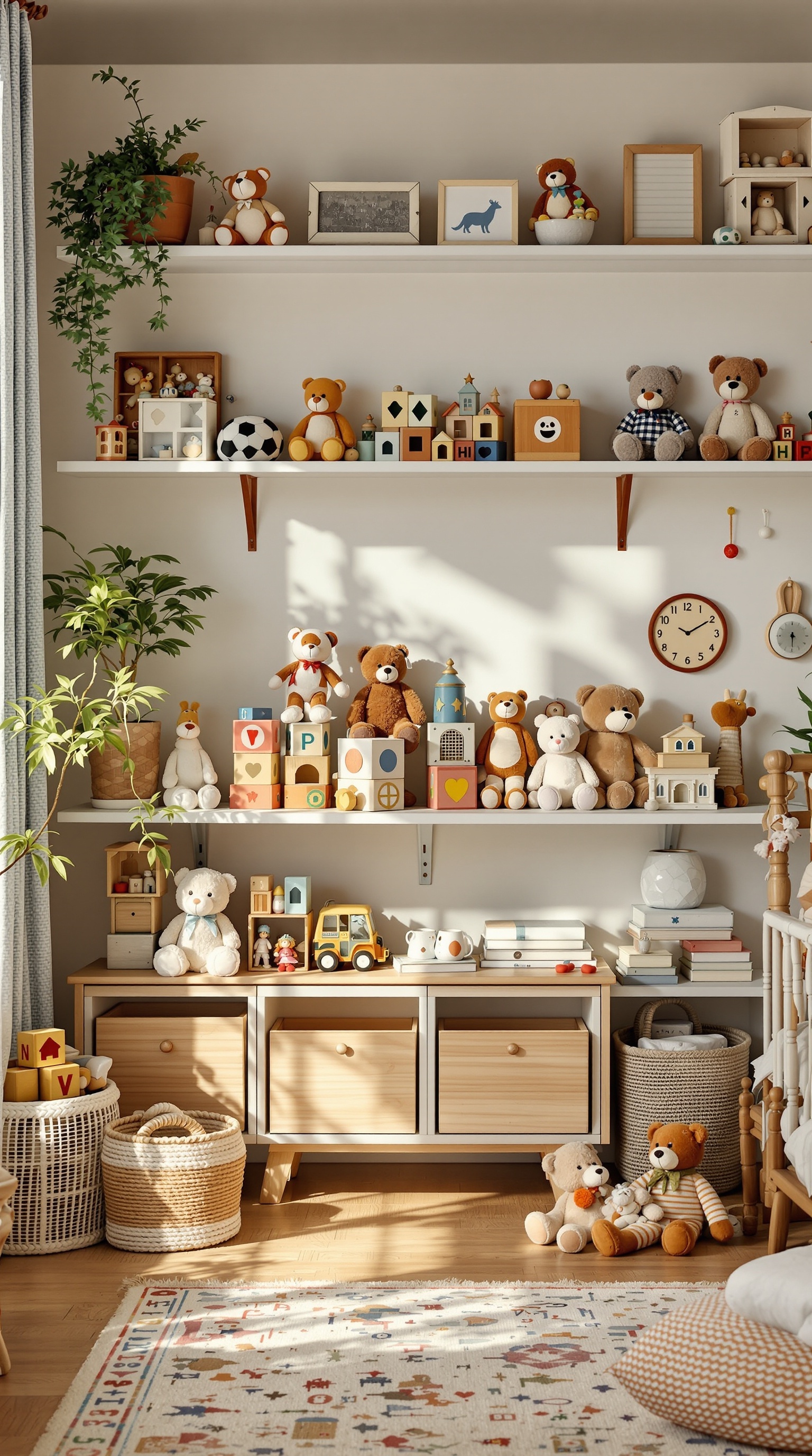 A vintage kids' room with classic toy displays, featuring teddy bears, wooden blocks, and decorative elements.