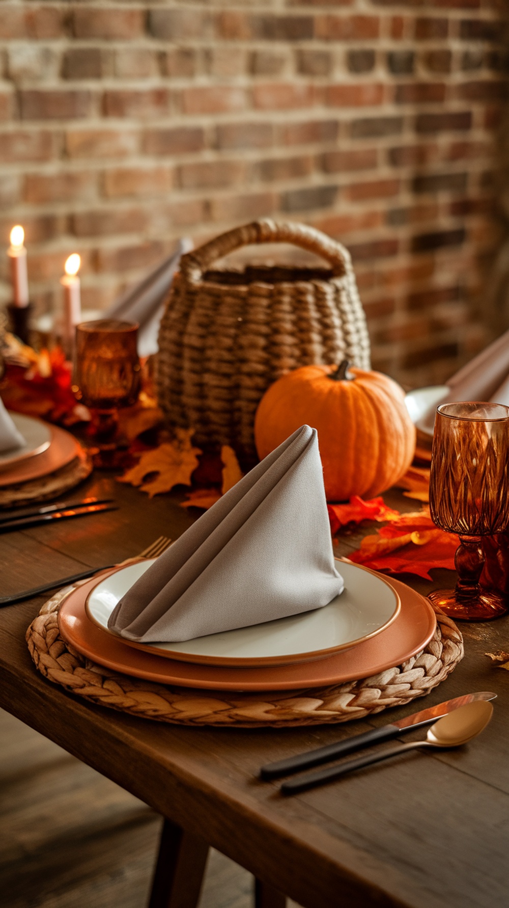 A beautifully set Thanksgiving table featuring a classic triangle folded napkin on a plate, with autumn decorations.