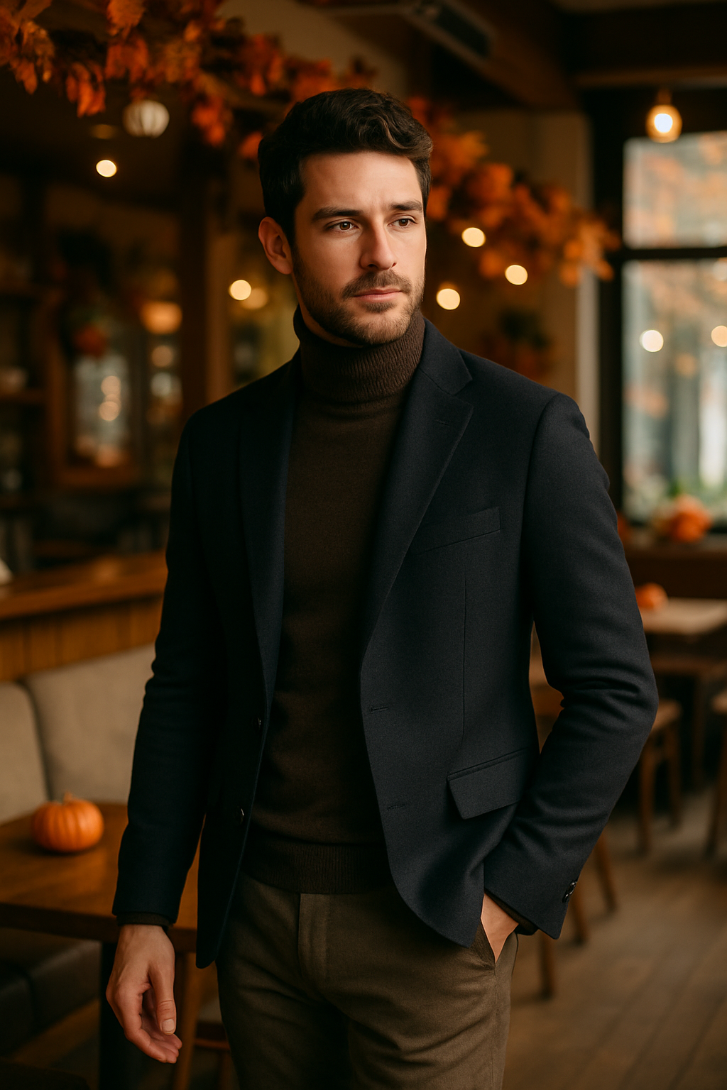 A man wearing a dark brown turtleneck and navy blazer, standing in a cozy cafe decorated for autumn.