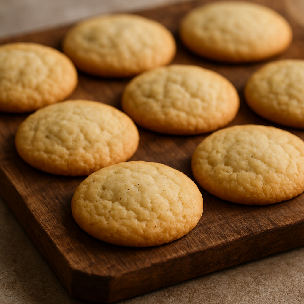 A wooden platter with freshly baked classic vanilla bean cookies.