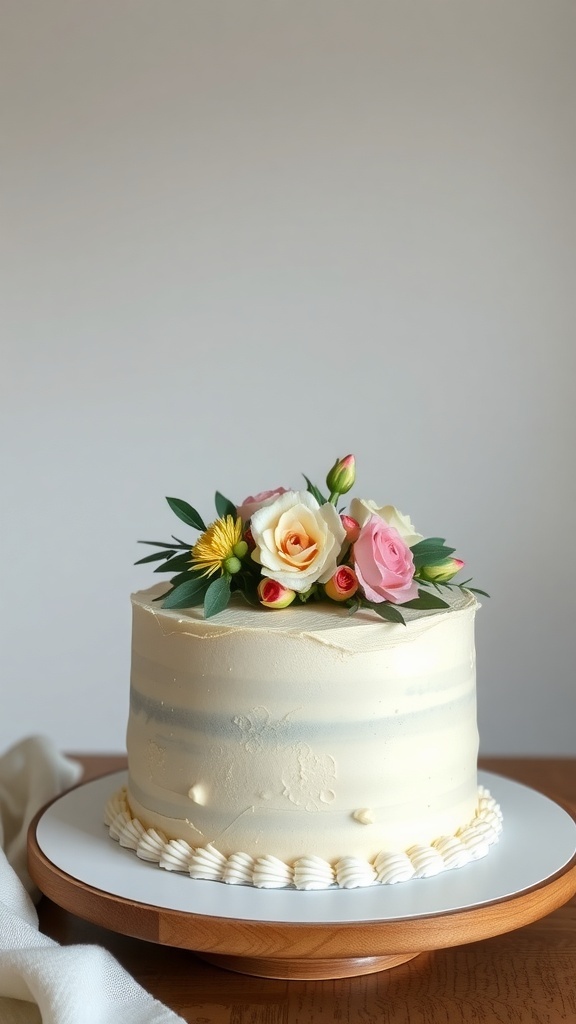 A beautiful classic vanilla buttercream cake decorated with fresh flowers on top.