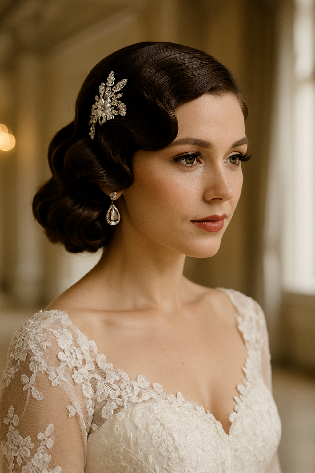 Bride with classic vintage waves hairstyle and sparkling hair accessory