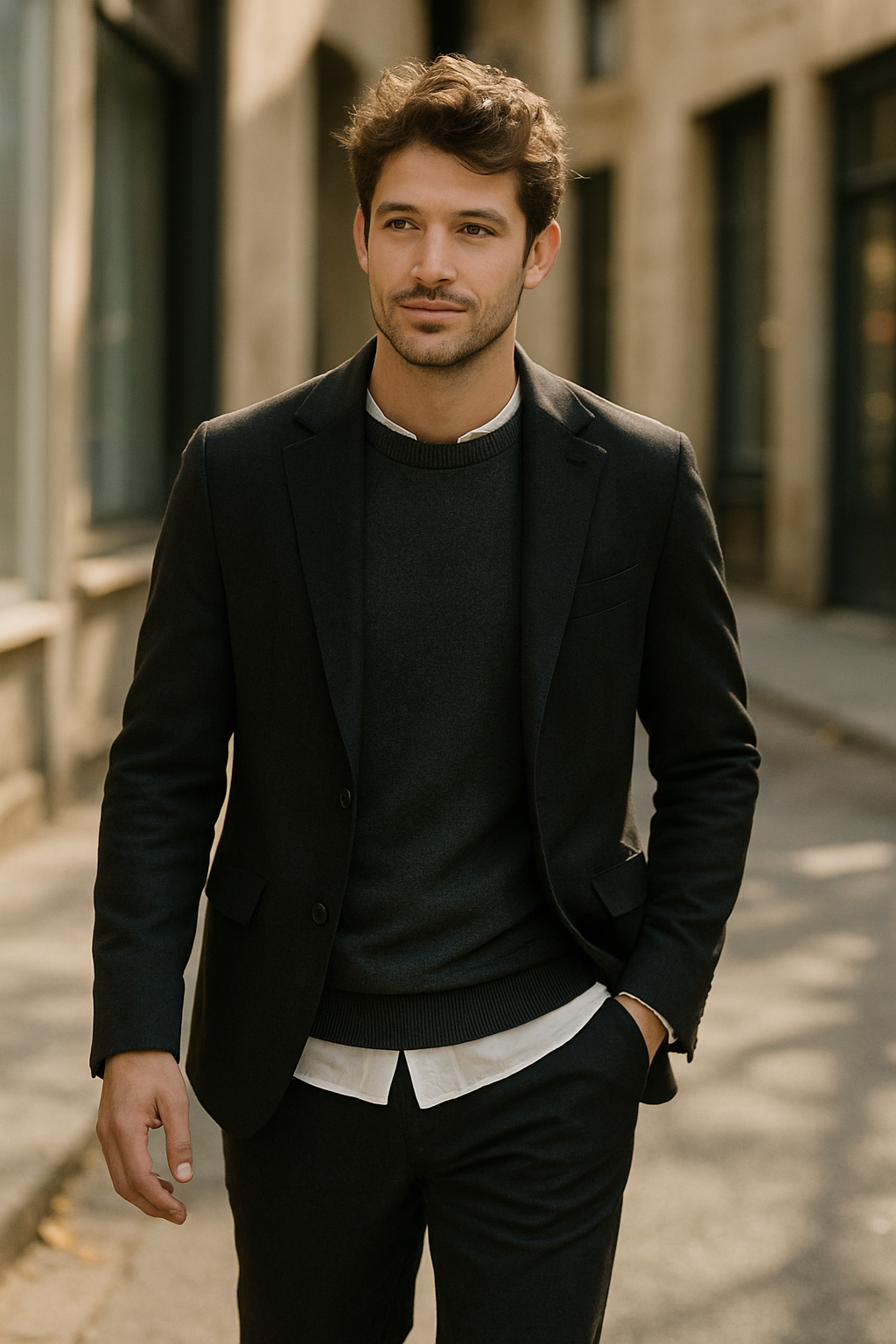 A man wearing a black suit with a sweater and shirt, walking on a city street.