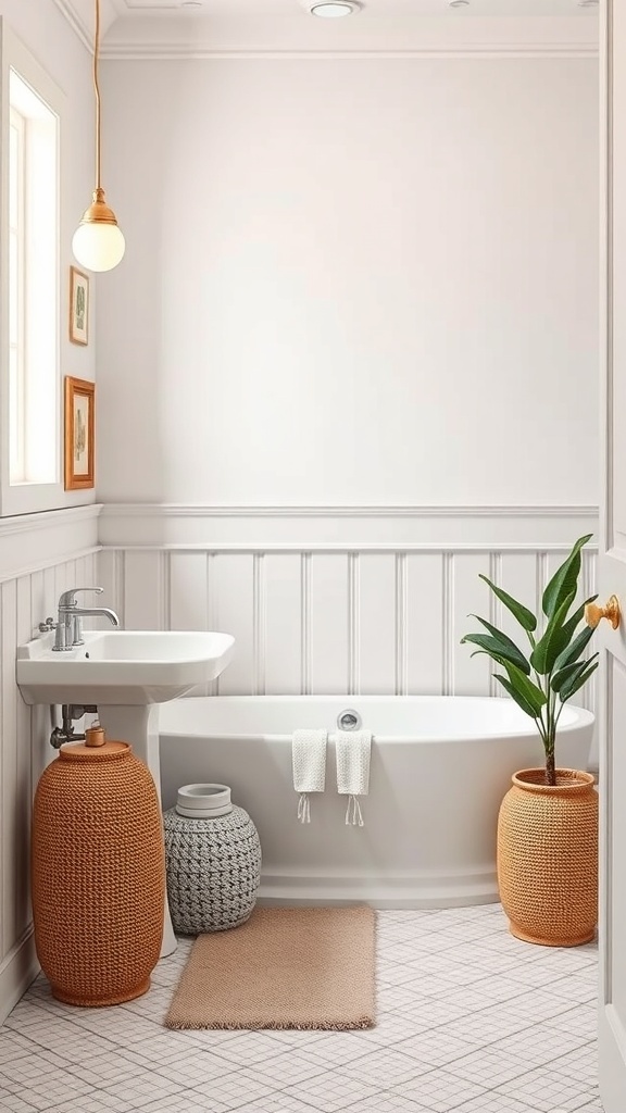 A stylish bathroom featuring classic wainscoting, a modern sink, and a bathtub, enhanced by earthy decor elements.