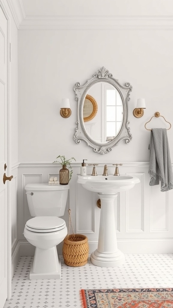 A bathroom featuring classic wainscoting, white fixtures, and decorative elements.
