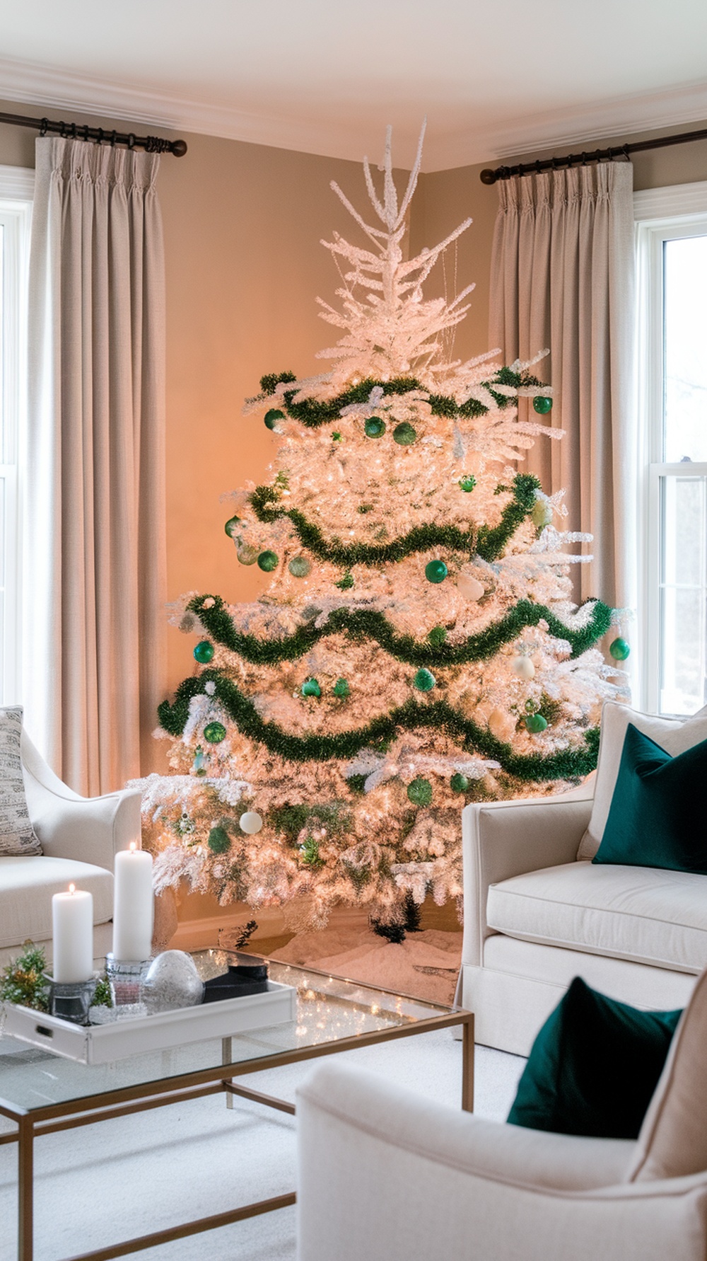 A beautifully decorated white Christmas tree with green ornaments and garlands, surrounded by cozy furniture.