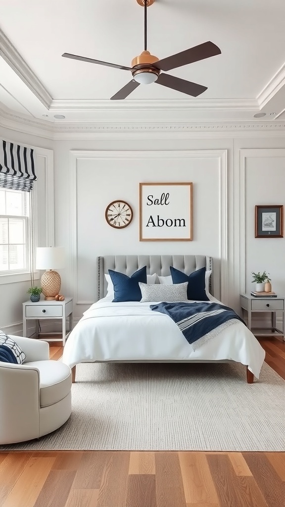 A romantic bedroom featuring classic white walls and navy accents, with a cozy bed, decorative elements, and warm wood flooring.
