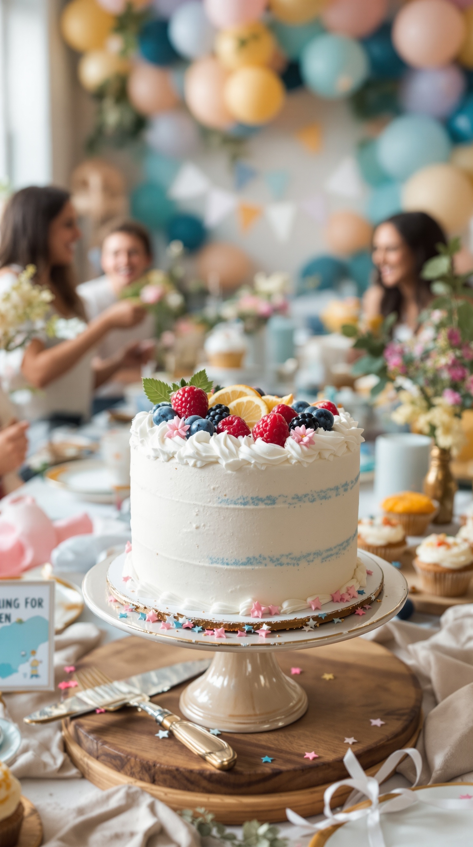 A beautifully decorated white cake with berries and pastel decorations, set against a festive backdrop.