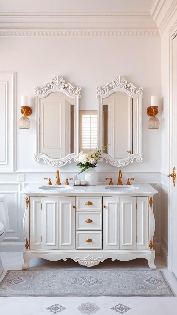 An elegant classic white dual vanity bathroom featuring gold fixtures, intricate designs, and decorative mirrors.