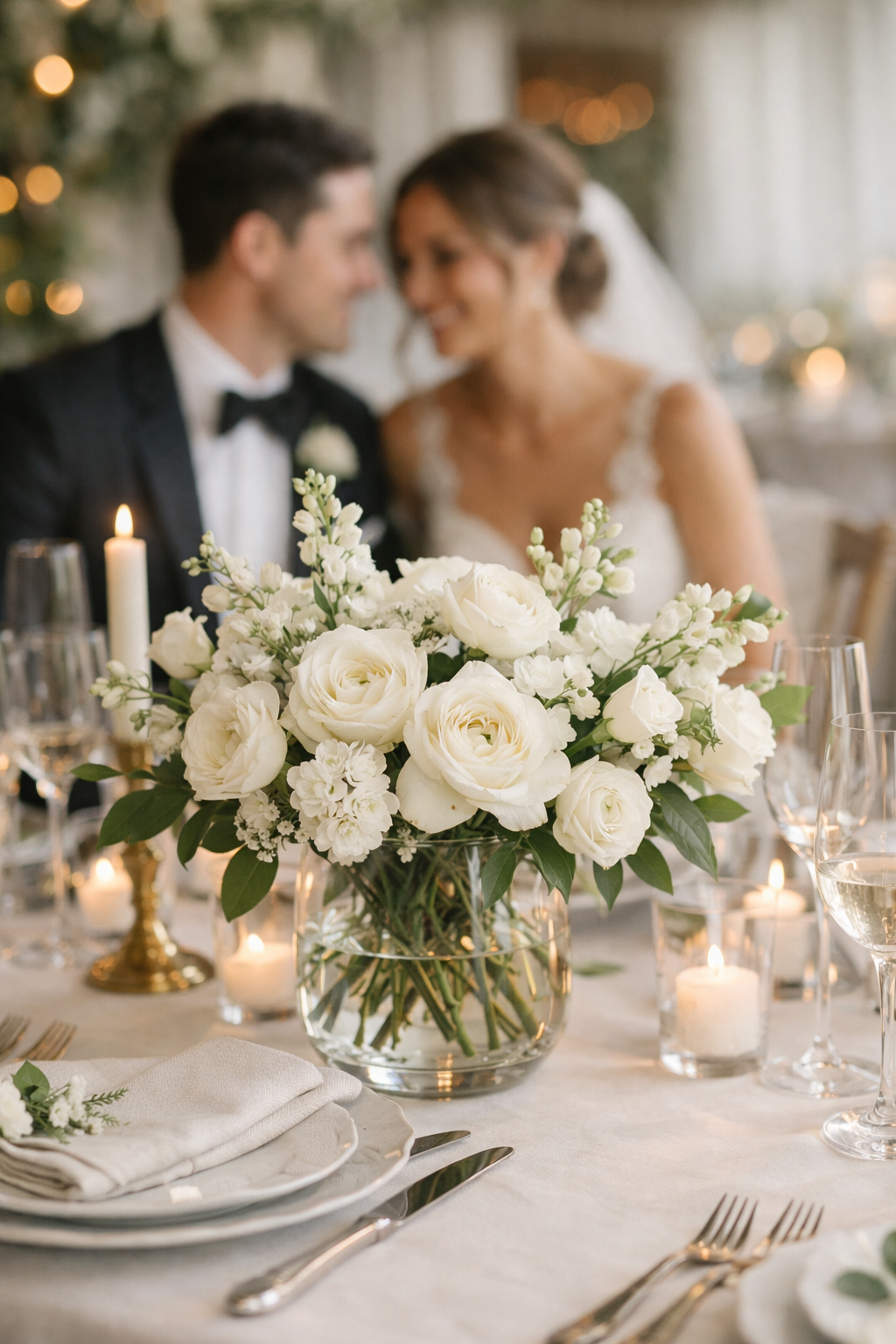 Elegant wedding table setup with classic white floral centerpiece surrounded by candles