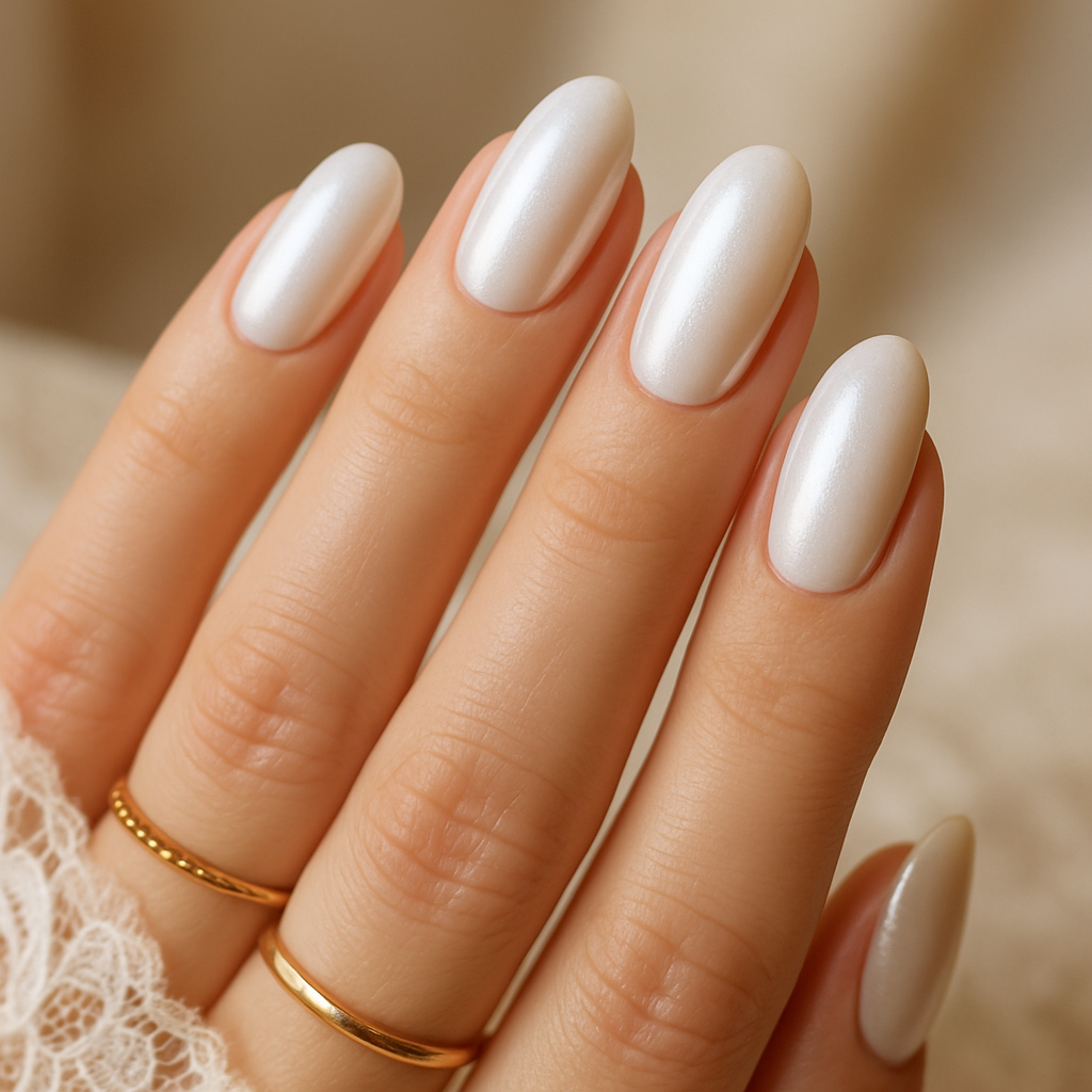 Close-up of elegantly manicured nails with a pearlescent white finish, adorned with gold rings.