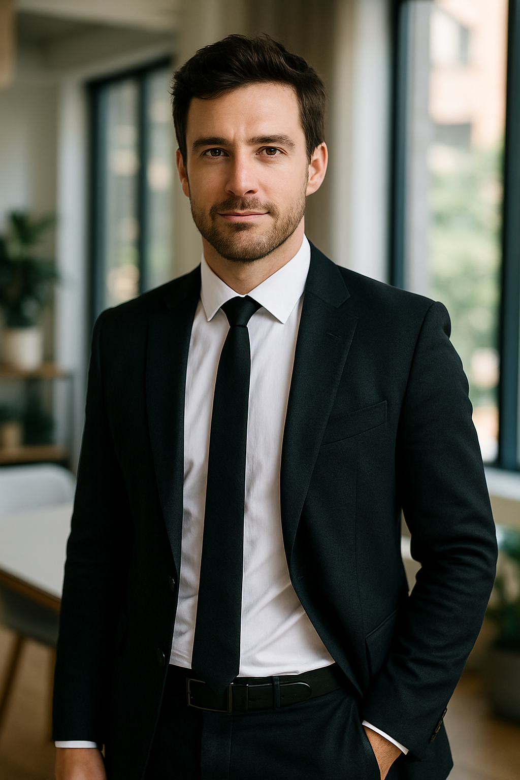 A man wearing a black blazer, white shirt, and black tie, standing confidently.