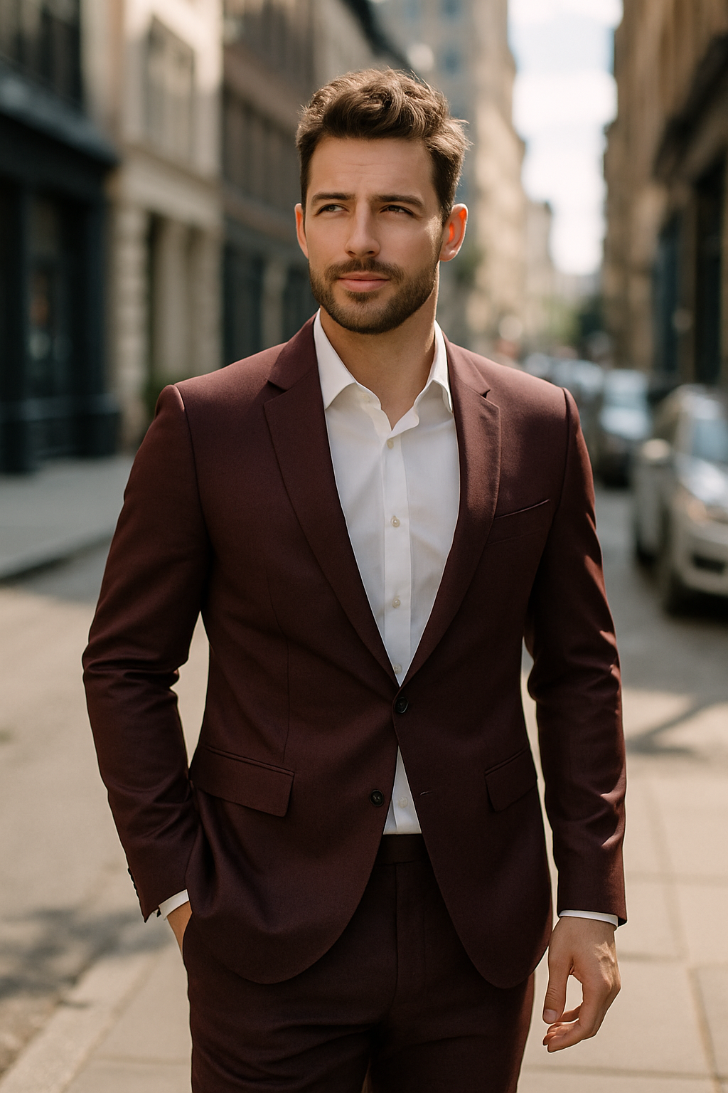 A man wearing a burgundy suit and a classic white shirt, walking confidently on a city street.