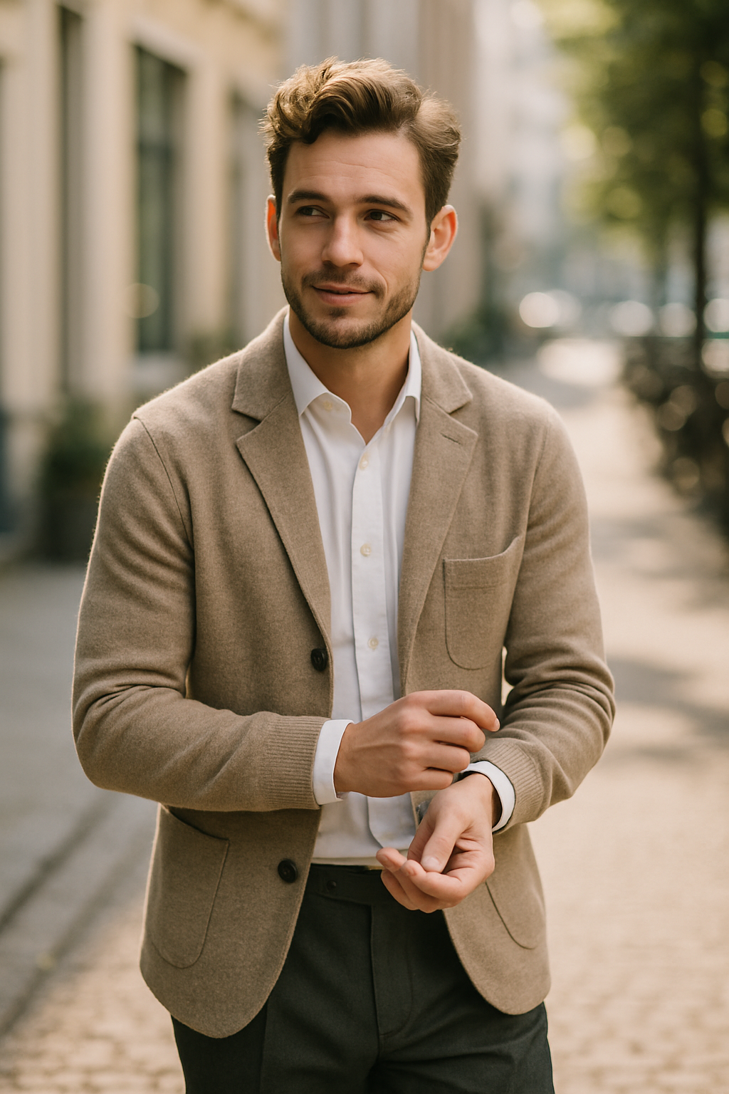 A man in a classic white shirt and trousers, complemented by a light cardigan, standing in a picturesque urban setting.