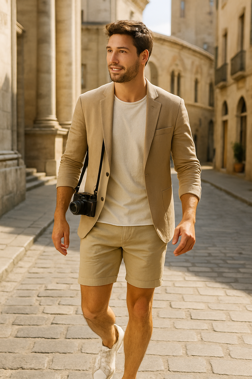 A man in a light blazer and shorts, wearing classic white sneakers, walking casually in a European street.