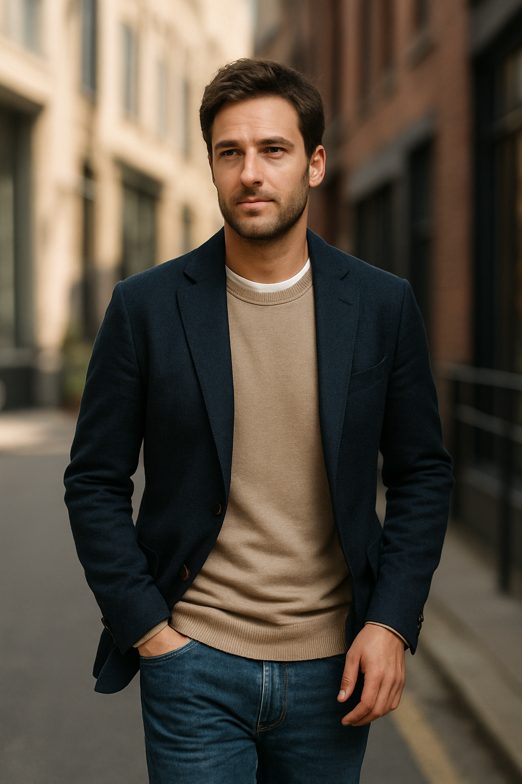 A model wearing a navy blazer, beige sweater, and jeans, walking confidently on a city street.