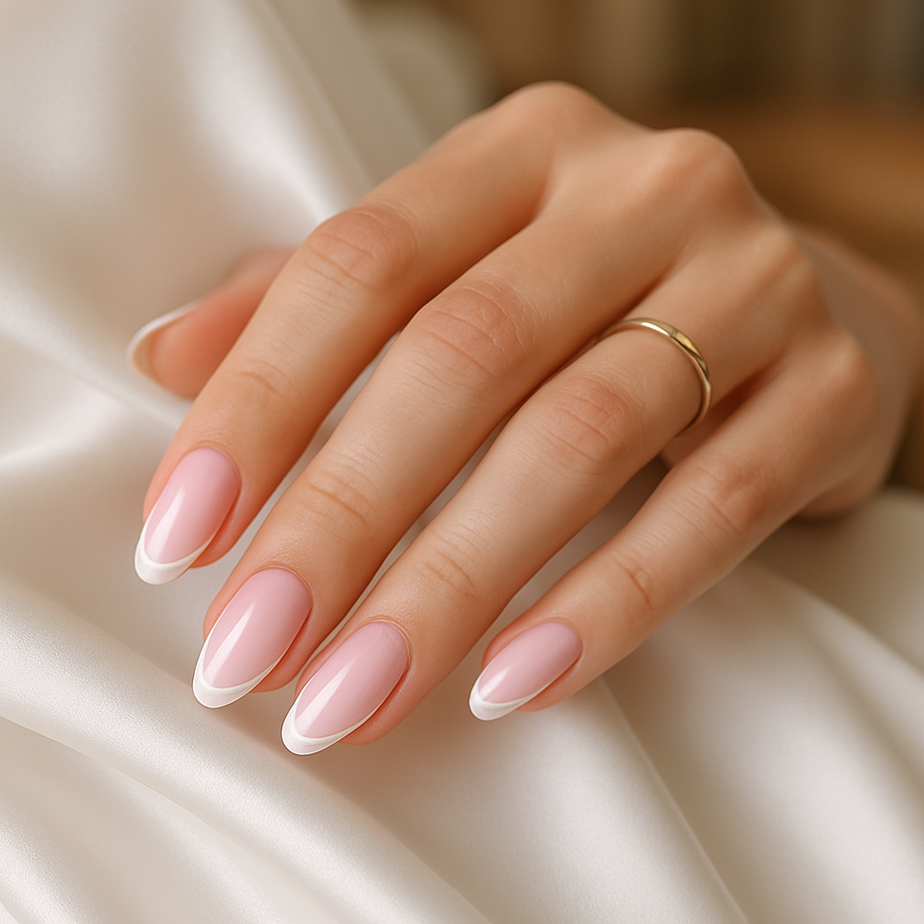 A hand with classic white to pink ombre nails, featuring elegant nail shape and a gold ring.
