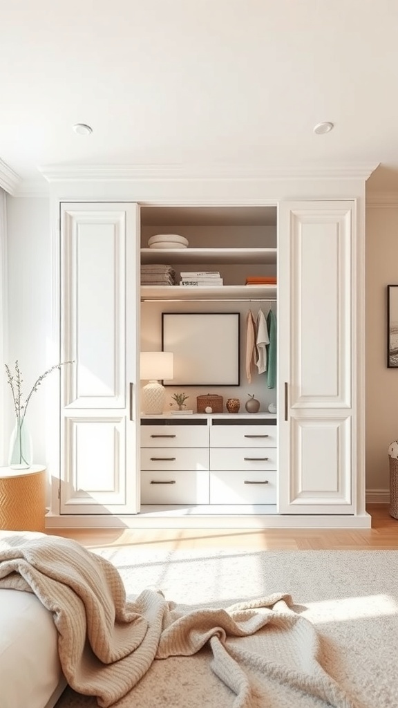 A classic white wardrobe with shelves and drawers in a bright bedroom setting.