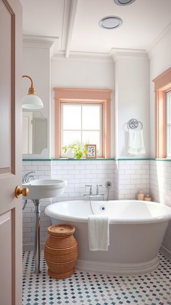 A bright and airy bathroom featuring classic white walls and colorful peach trim around the windows and door.