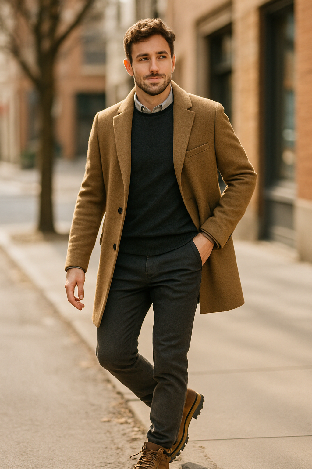A man walking in winter attire, featuring classic winter hiking boots.