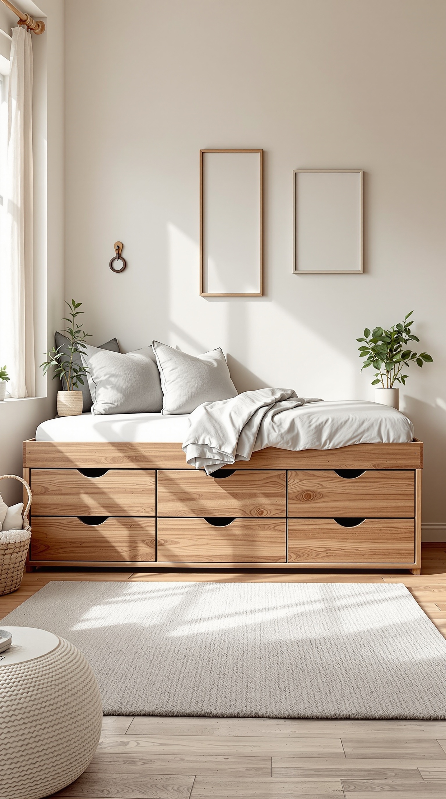 A classic wooden bed with storage drawers, soft pillows, and a cozy blanket in a bright room.