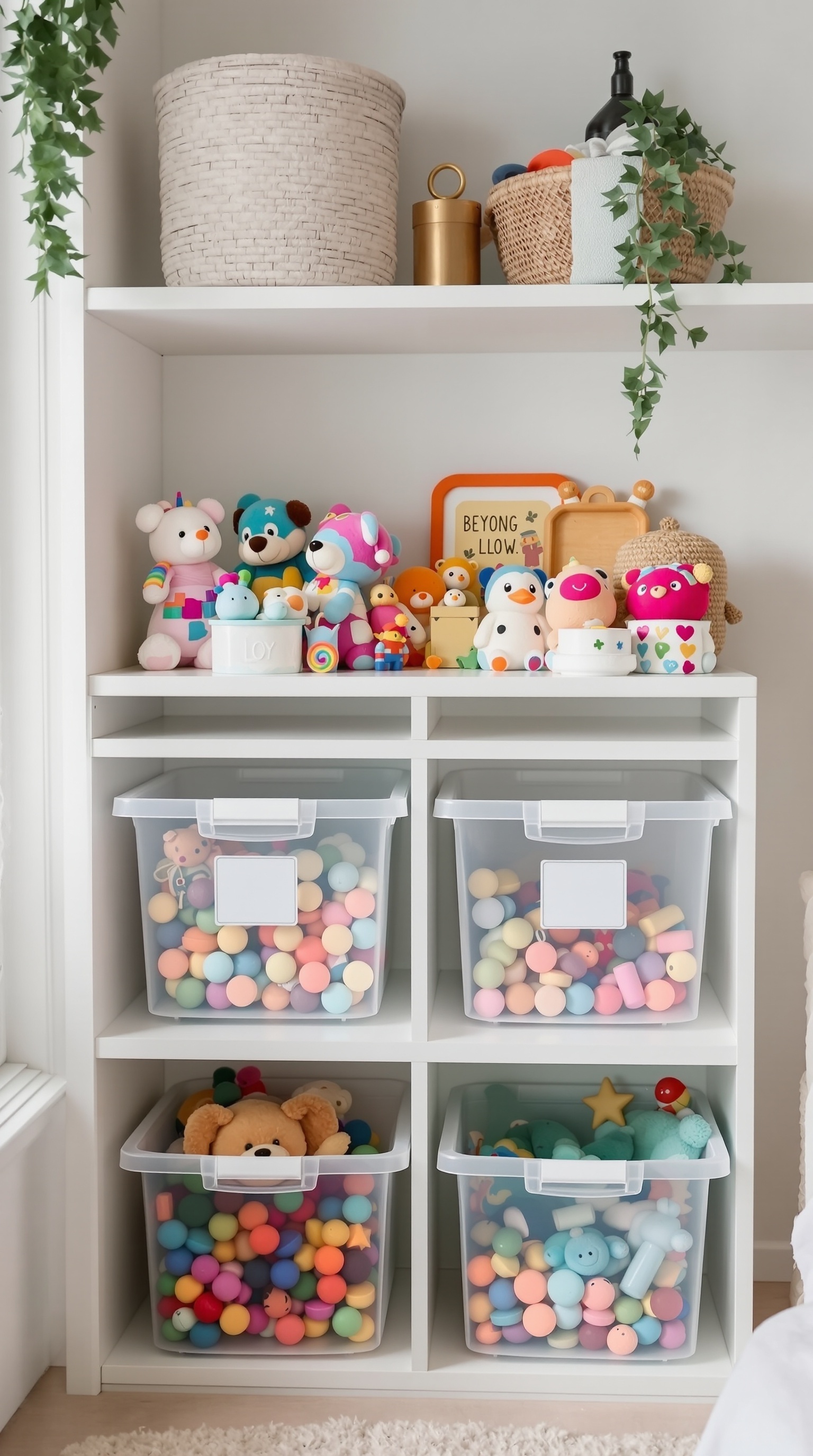 A shelf with clear storage bins filled with colorful toys and plush figures.
