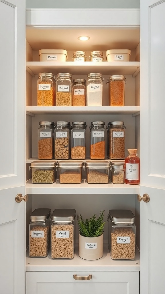 A well-organized pantry with clear containers holding various ingredients, labeled for easy visibility.