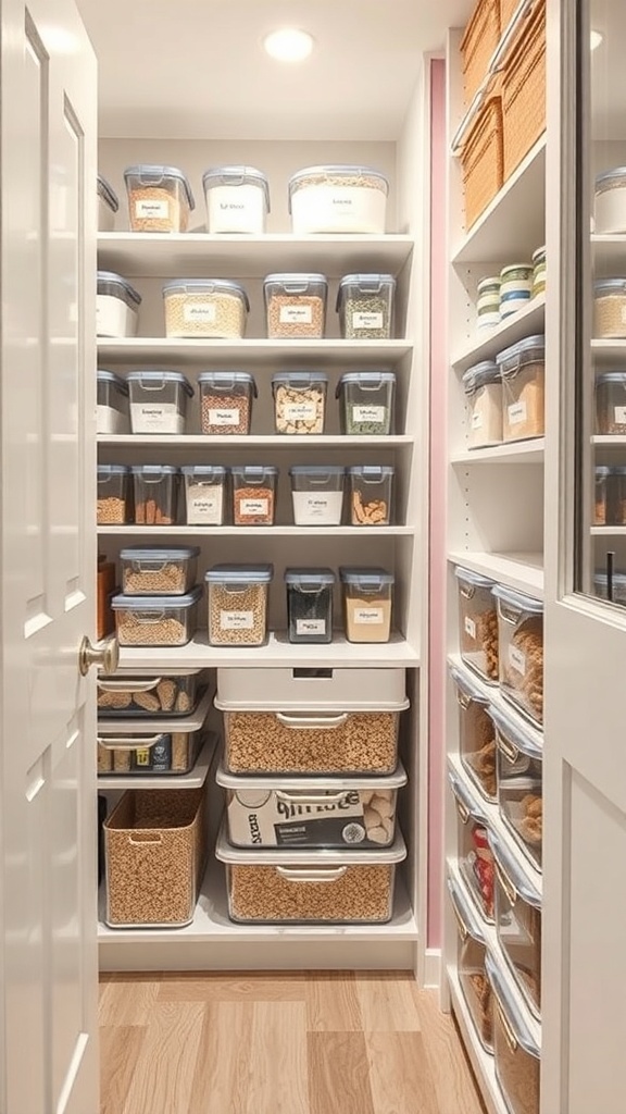 Organized pantry with clear containers and labeled contents