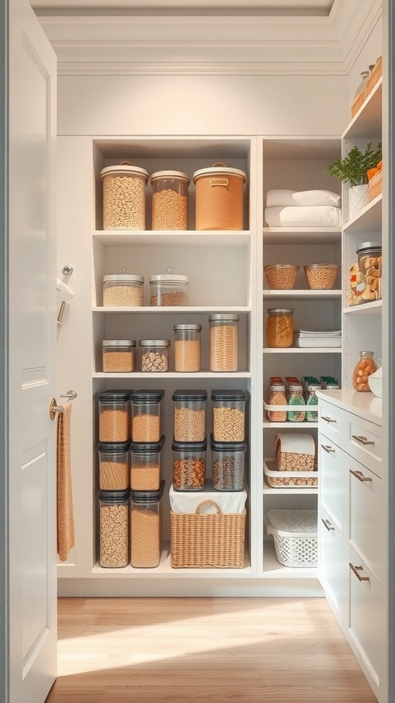 A well-organized pantry with clear containers filled with various food items.