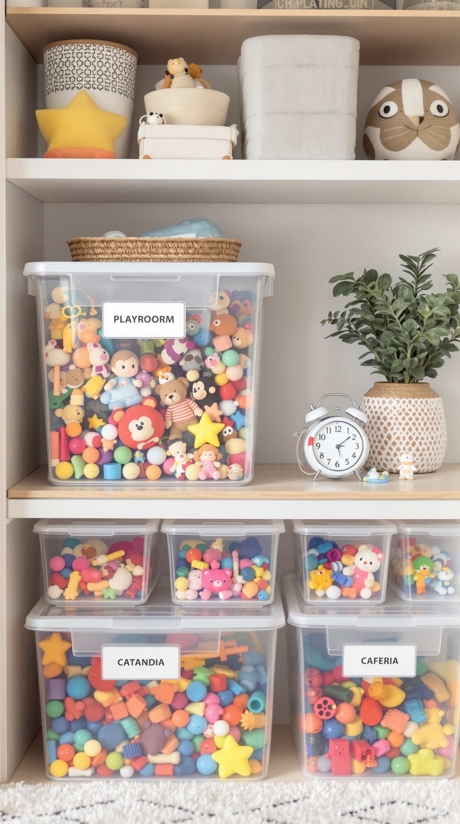 Organized toy storage with clear plastic bins labeled for easy identification.