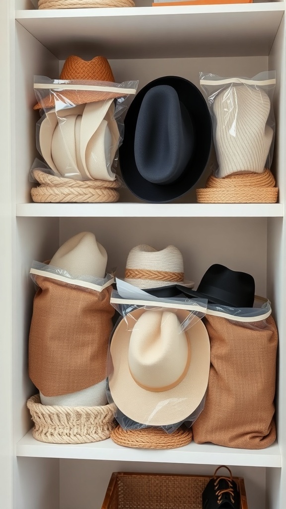 A collection of hats stored in clear plastic bags on a shelf, showcasing organization and visibility.