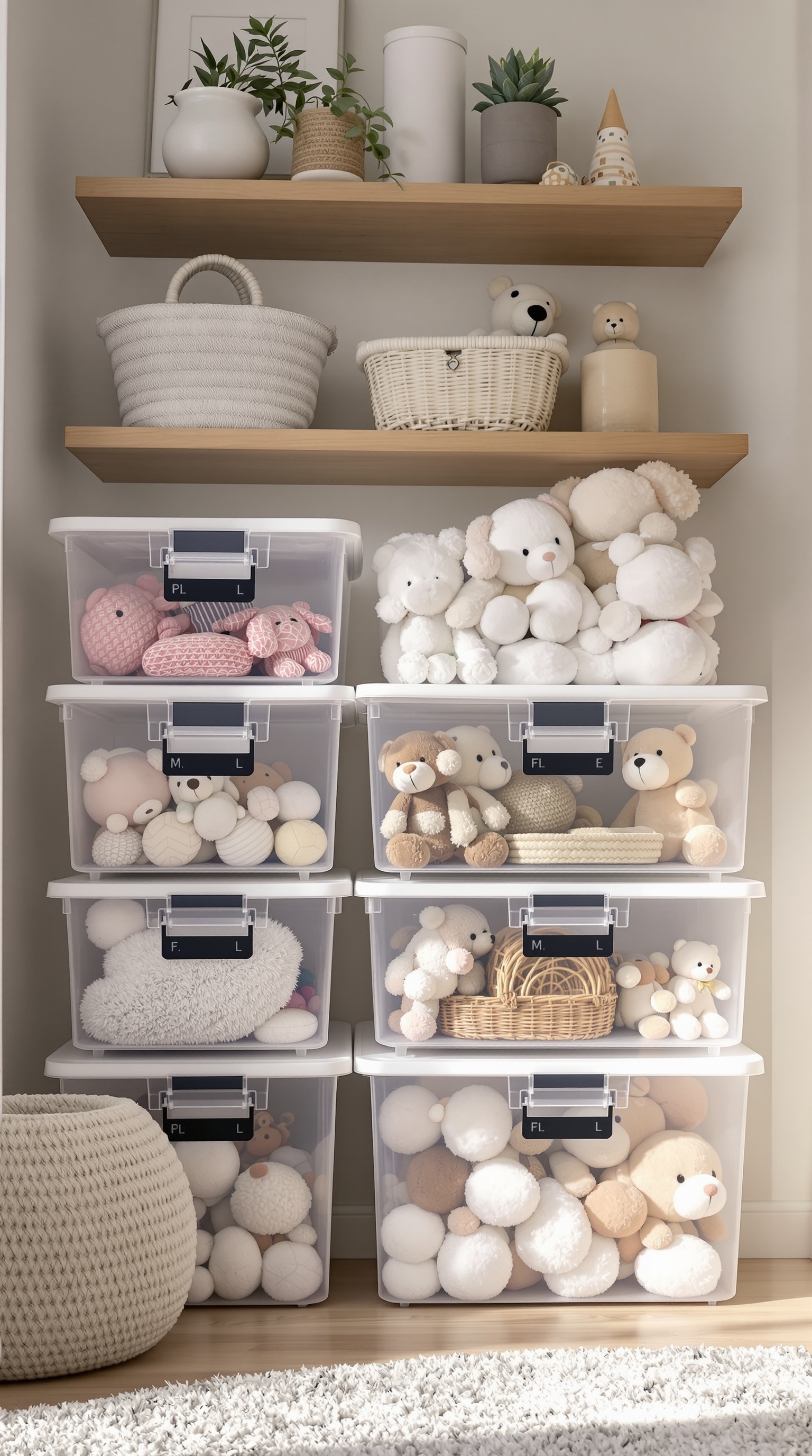 Organized soft toys in clear storage bins on a shelf