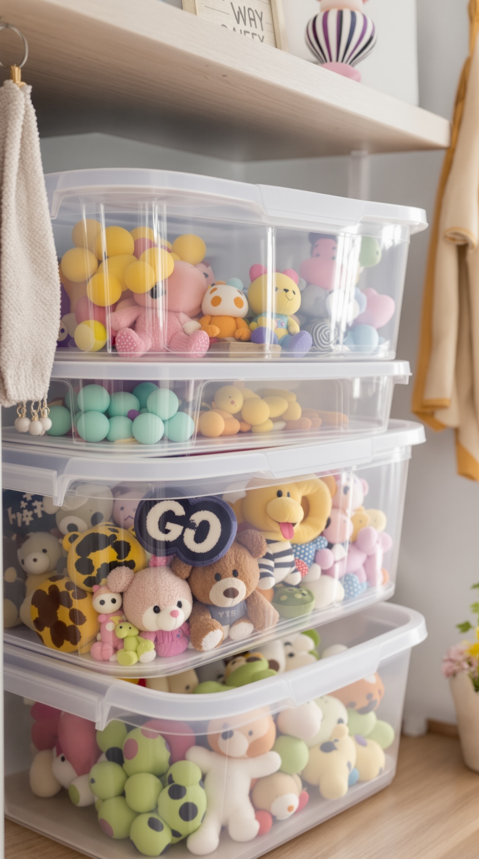 Stacked clear storage bins filled with colorful plush toys.