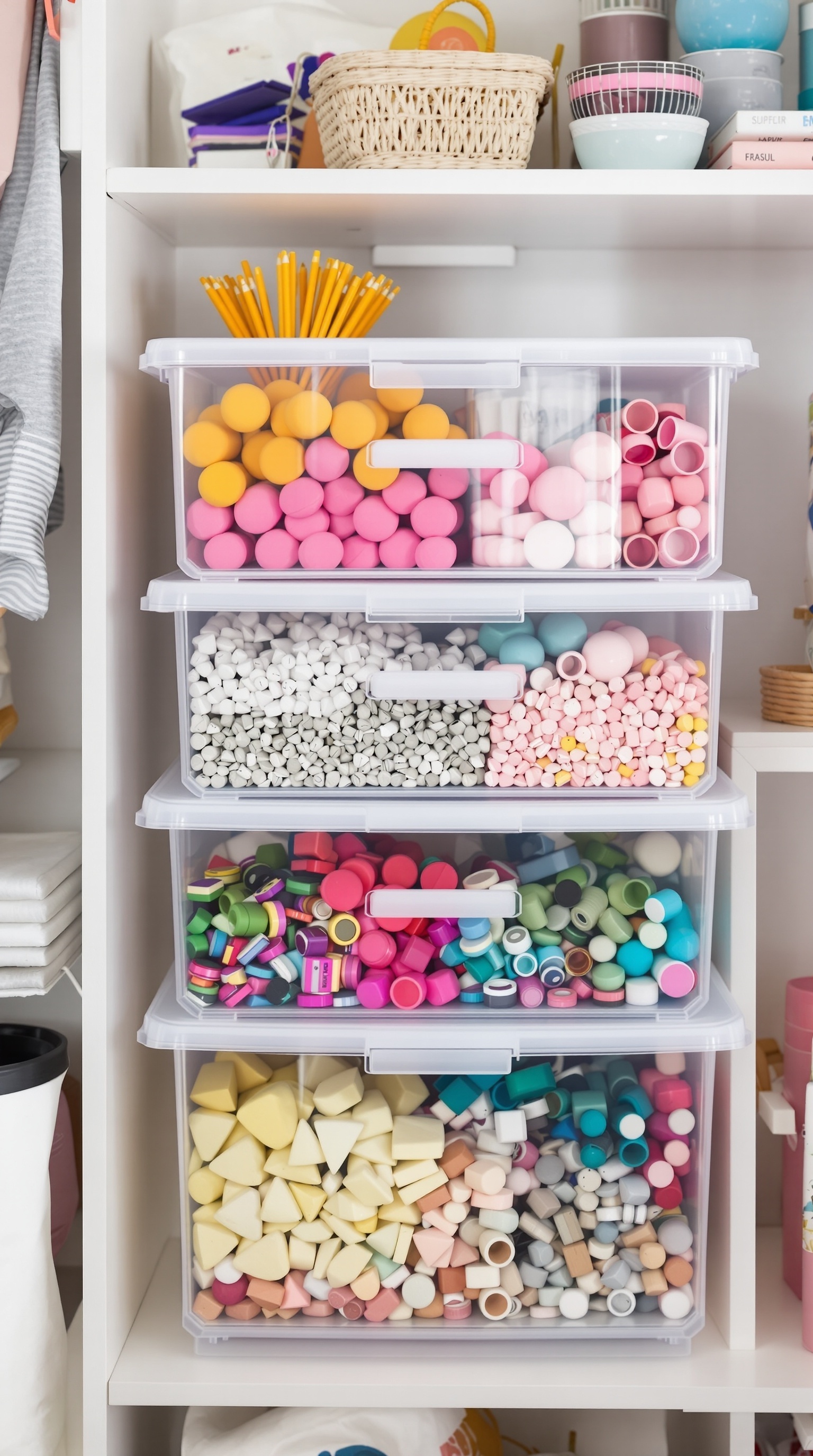 A shelf with clear storage boxes filled with colorful craft supplies.