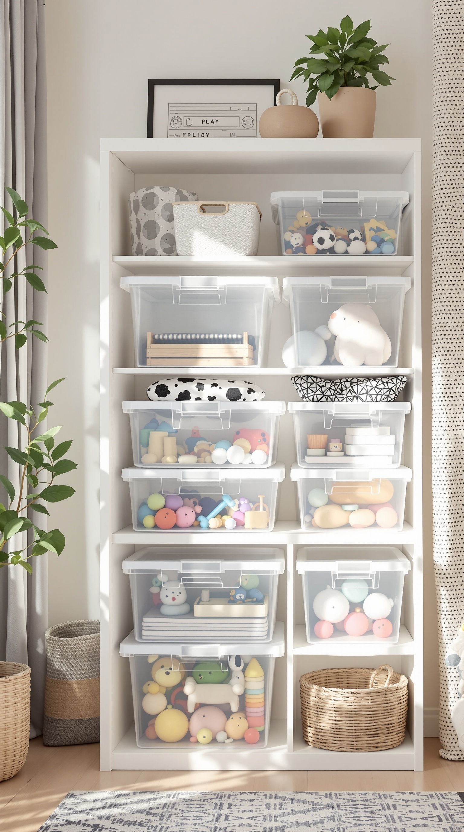 A playroom shelf with clear storage boxes filled with various toys, showcasing an organized and inviting space.