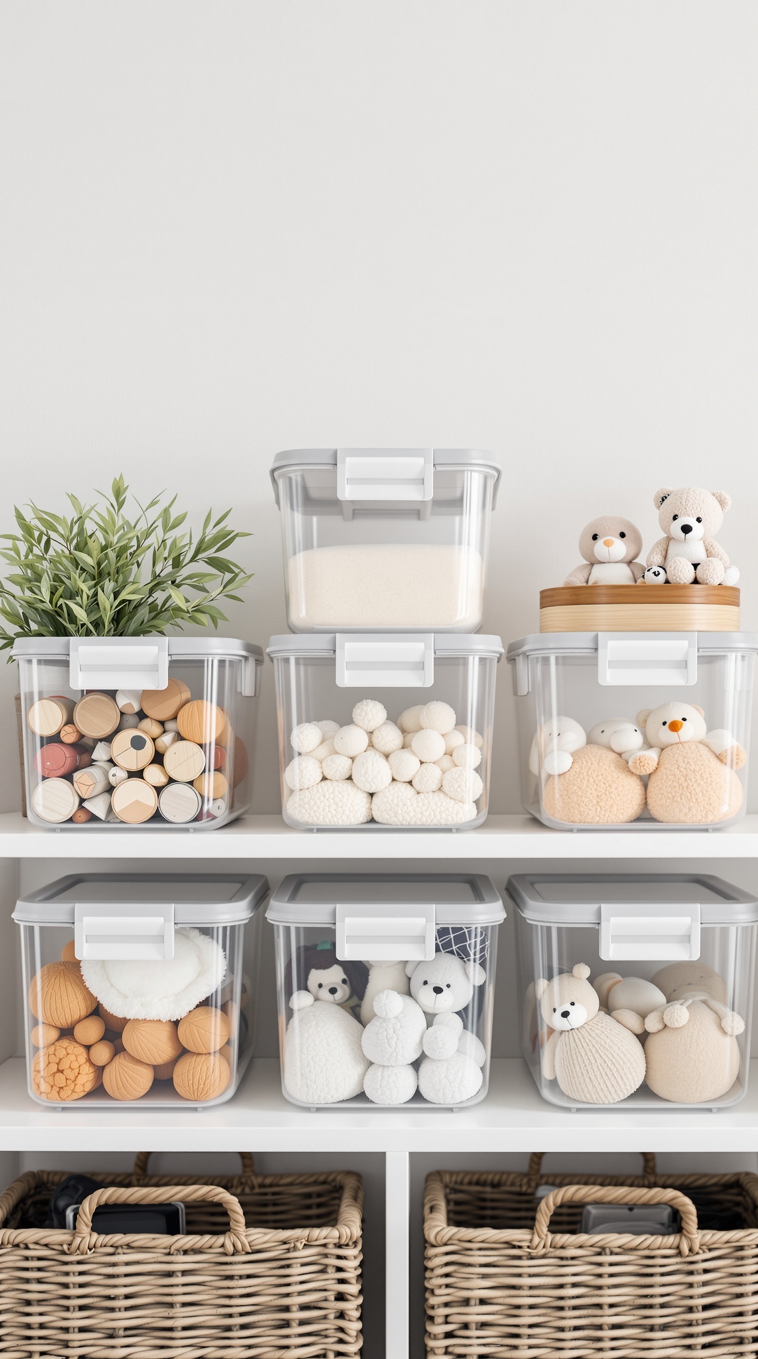 Clear storage containers filled with baby toys and essentials on a shelf.