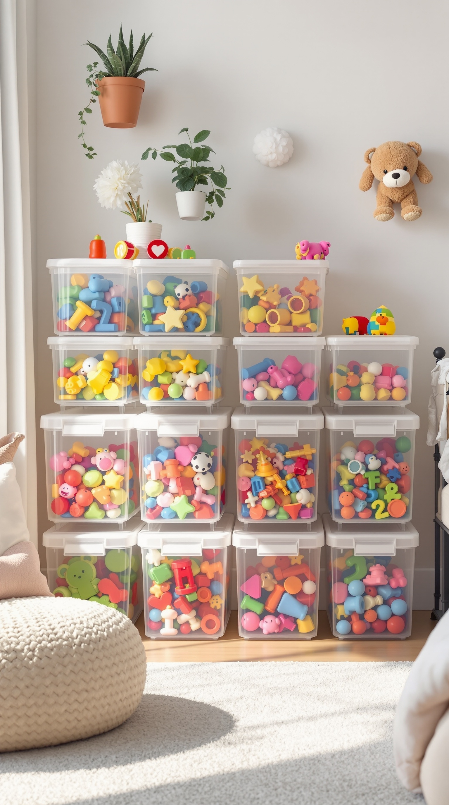 A collection of clear storage containers filled with colorful toys, neatly arranged in a bright room.