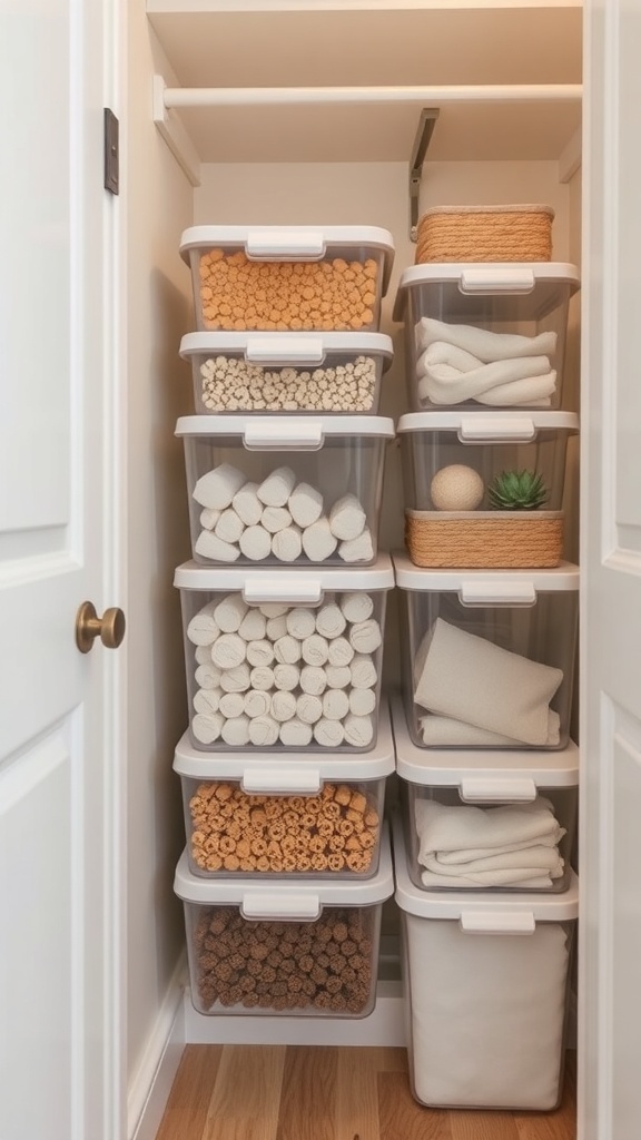 Organized small closet with clear storage containers stacked neatly