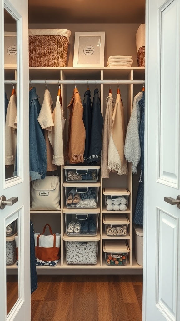 A well-organized wardrobe with clear storage containers, showcasing neatly hung clothes and labeled boxes.