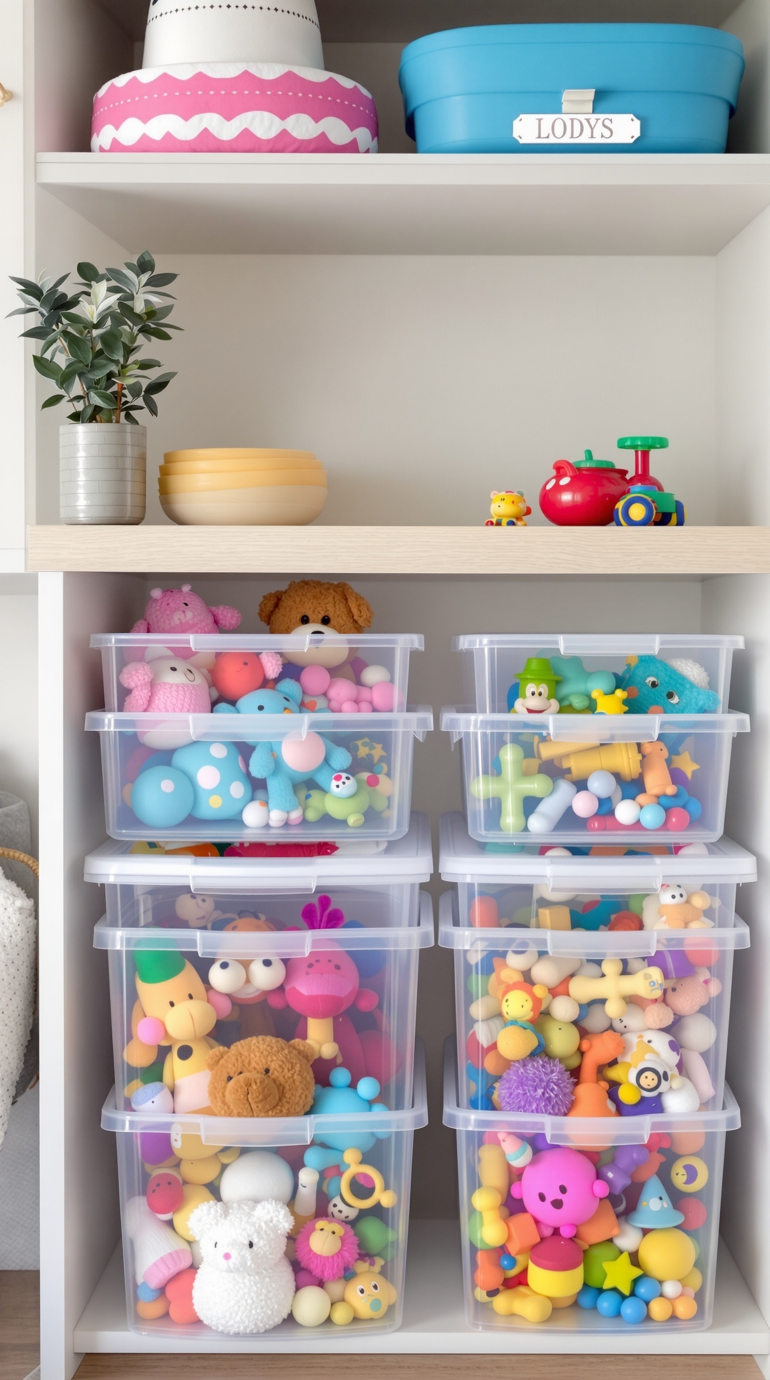 Clear storage bins filled with colorful toys on a shelf