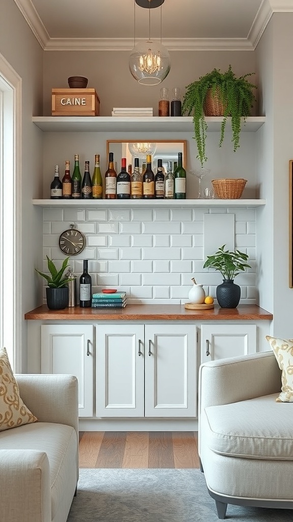 Stylish tiny bar setup with open shelving and storage cabinets.