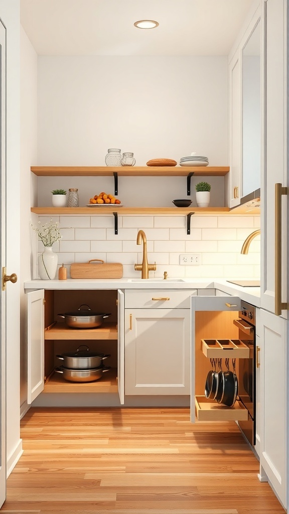 A small kitchen featuring cleverly designed pull-out cabinets and open shelving.