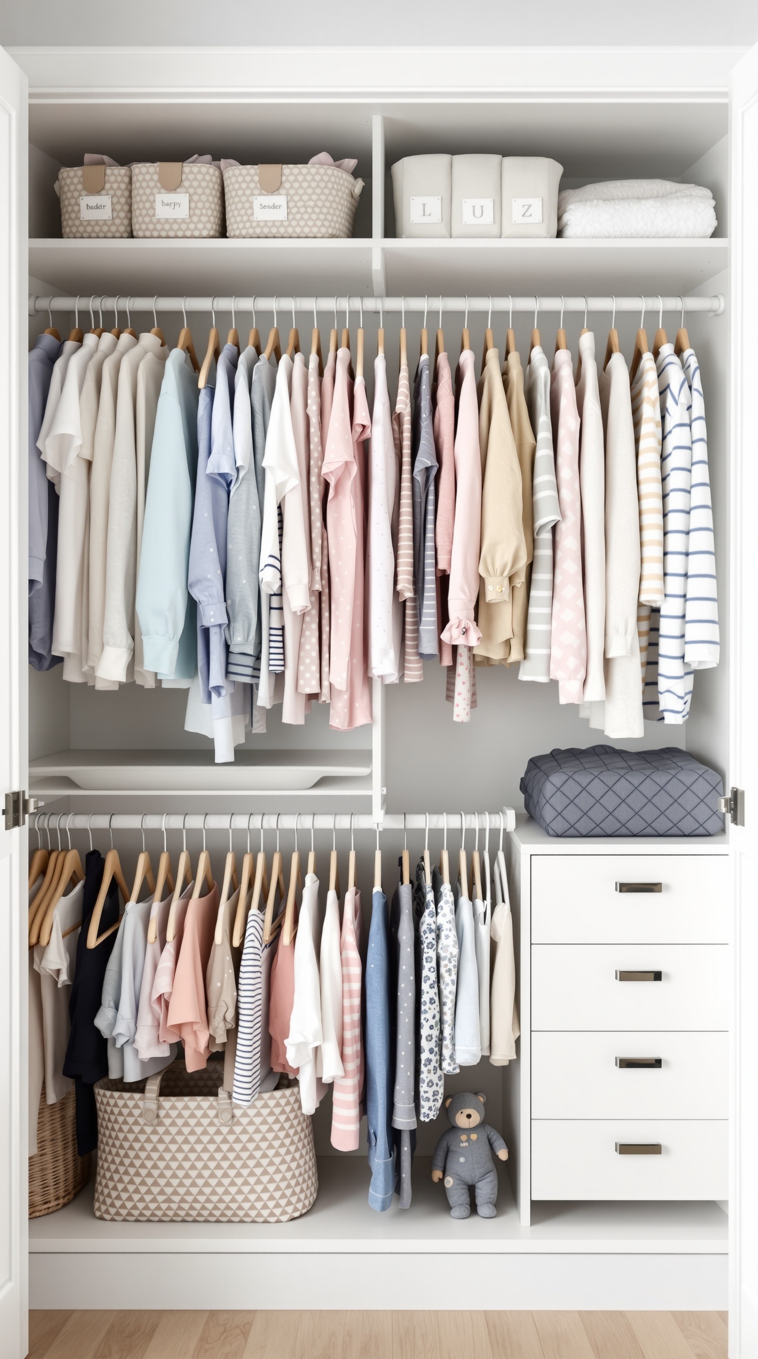 Organized baby clothing storage with pastel colors, baskets, and neatly hung clothes.