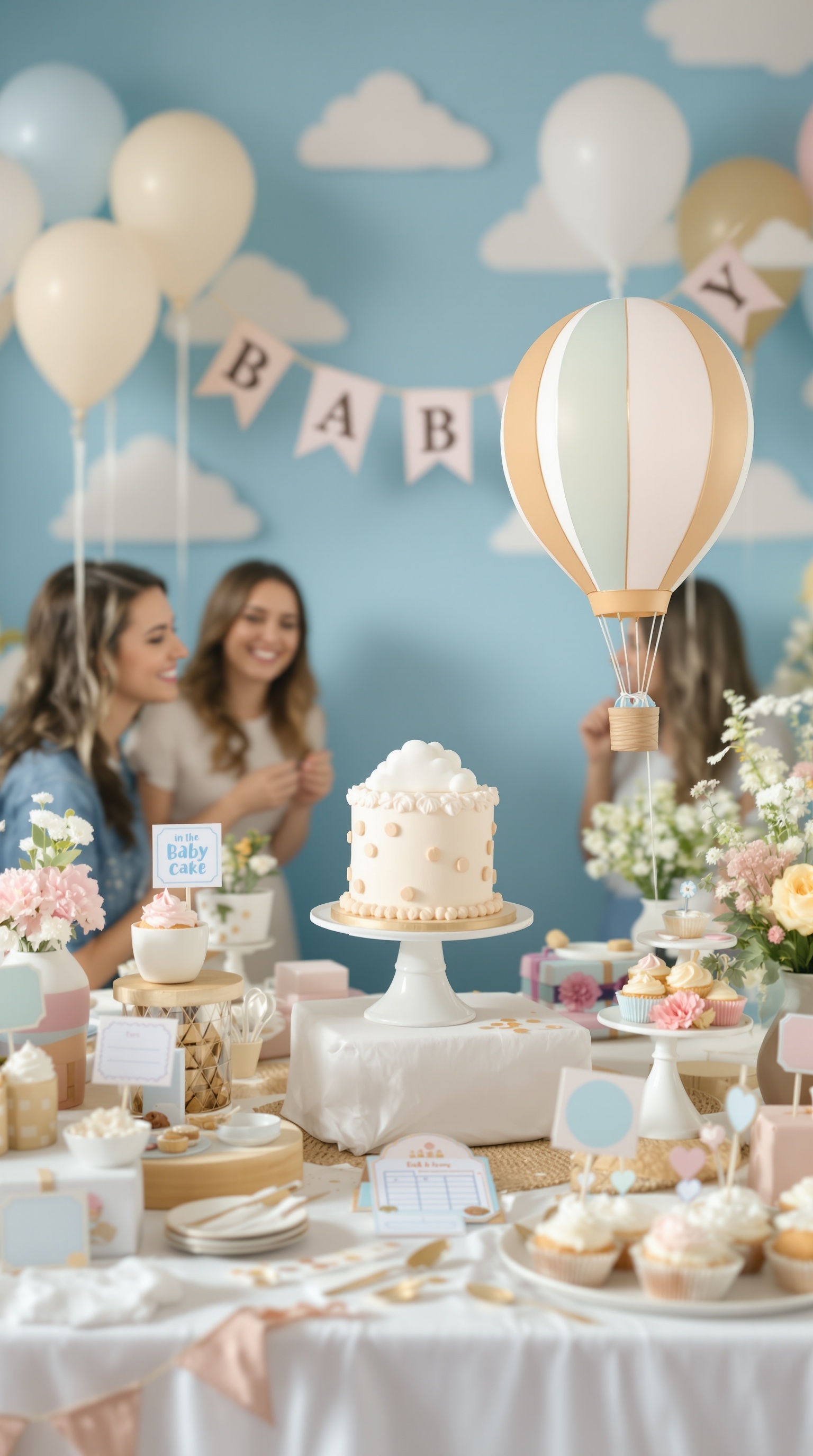 A cloud-inspired dessert table featuring a decorated cake, cupcakes, and a hot air balloon decoration, set against a blue backdrop with clouds.