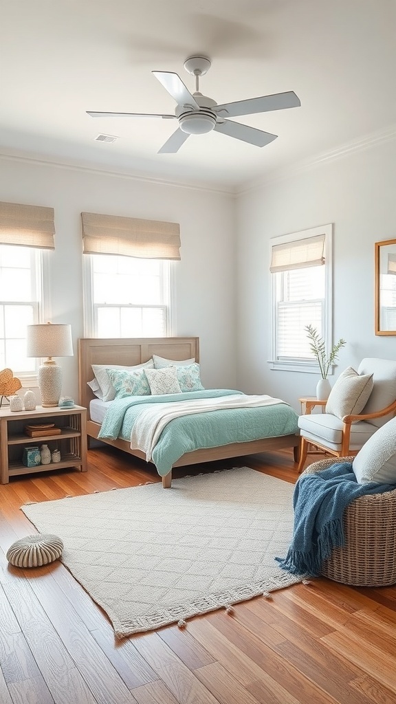 A bright and airy coastal-inspired teen bedroom with aqua bedding, wooden furniture, and natural light.
