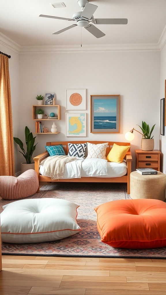 Coastal-inspired teen bedroom with colorful floor cushions