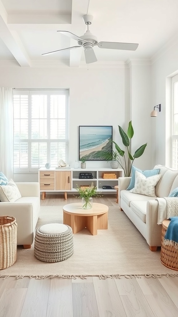 A bright coastal-inspired living room with light furniture, plants, and beach-themed decor.