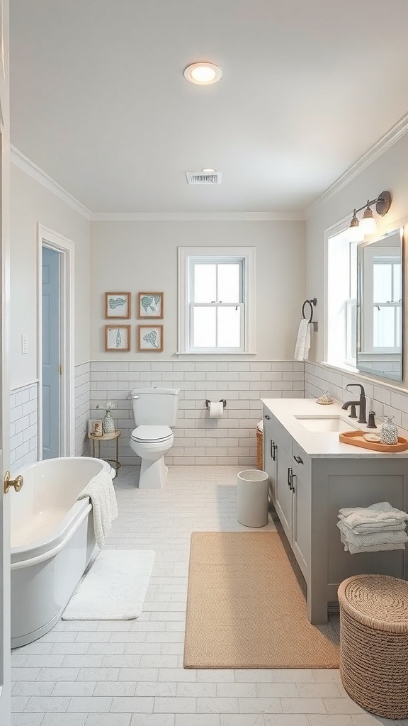 A bright and airy coastal-inspired bathroom with a freestanding tub, natural materials, and marine-themed artwork.